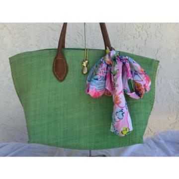 LILLY PULITZER Target Large Tote Bag Purse Green &#034;Nosey Posie&#034; Raffia with Scarf