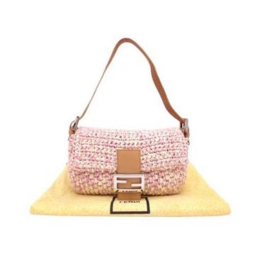 Auth FENDI Baguette Shoulder Bag Pink Beige Straw/Leather - e28096