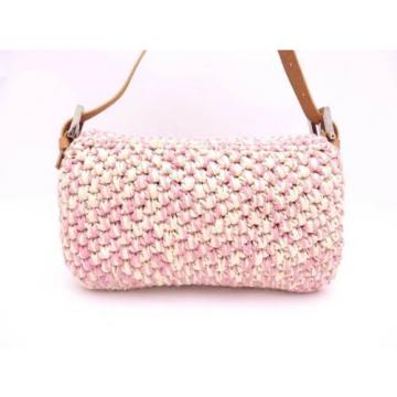 Auth FENDI Baguette Shoulder Bag Pink Beige Straw/Leather - e28096