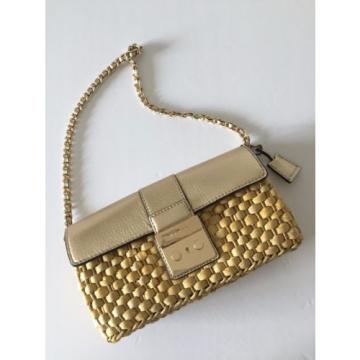 Michael Kors Pale Gold Leather Straw Gabriella Large Clutch Shoulder Bag NWT