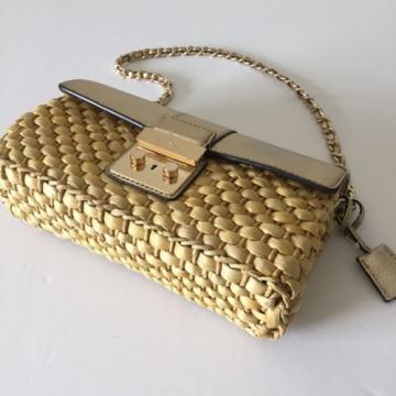 Michael Kors Pale Gold Leather Straw Gabriella Large Clutch Shoulder Bag NWT