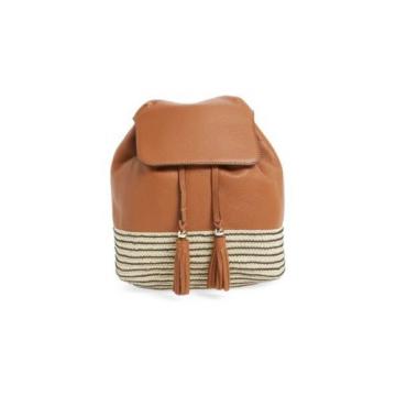 REBECCA MINKOFF MANSFIELD BACKPACK BAG Almond Leather w/Basket Weave Straw NWT