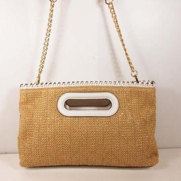 MICHAEL KORS STRAW ROSALIE Straw/Optic White Leather LG Clutch Bag Msrp $198