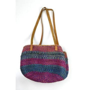 Vtg Leather Multi Color Straw Woven Wicker Basket Bucket Shoulder Bag Purse Sack