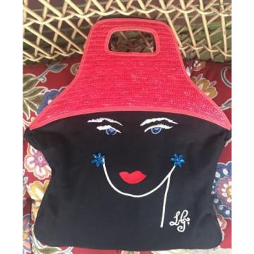 LULU GUINNESS BLACK CANVAS RED STRAW HANDLE WOMANS FACE TOTE HAND BAG✨