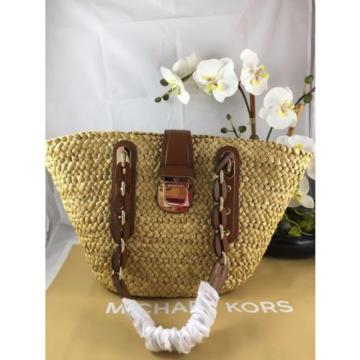 NWT Authentic MICHAEL KORS SANTORINI Large Straw Basket Pool Summer Bag BROWN