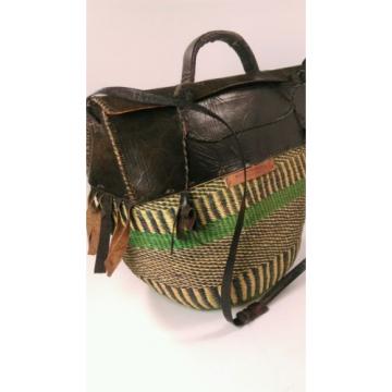 Striped Woven Bag Basket  Market Bolga African Purse Leather