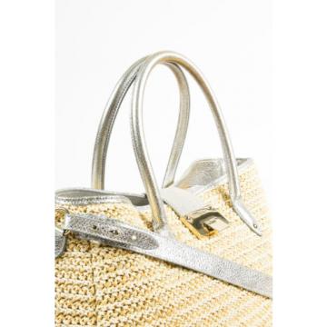 Jimmy Choo Beige Metallic Gold Straw Leather Trim &#034;Raina&#034; Tote Bag