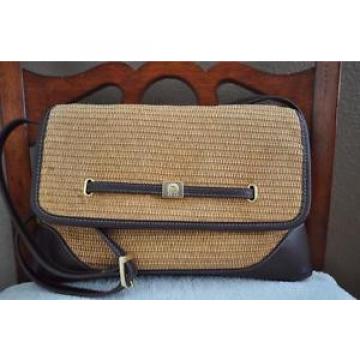 ETIENNE AIGNER VINTAGE BROWN LEATHER TAN WOVEN STRAW SHOULDER BAG PURSE