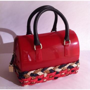 FURLA Rubber Jelly MINI &#039;CANDY BAG STRAW&#039; Red Weaved LEATHER Satchel Handbag NWT