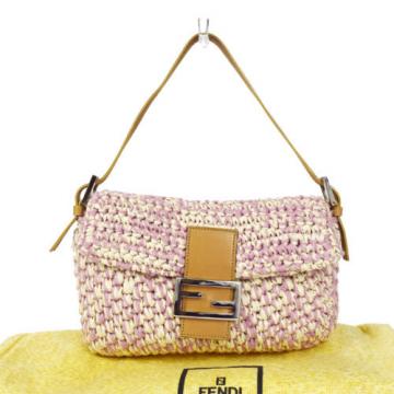 Authentic FENDI Logos Shoulder Bag Shoppers Straw Canvas Leather Pink 02M033