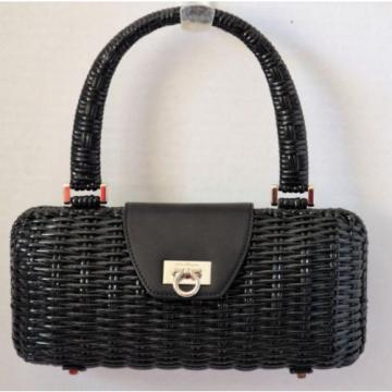 Salvatore Ferragamo Black Gancini Gancino Lock Wicker Rattan Straw Hand Bag