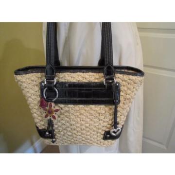 Brighton Straw and Leather Small Tote Shoulder Bag Satchel with Flower Emblem