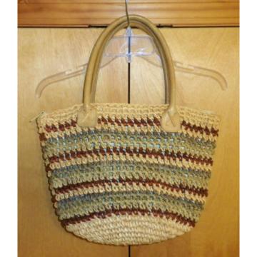 VINTAGE ETHNIC WOVEN STRAW SISAL JUTE LEATHER HANDLES BOHO TOTE BEACH BAG