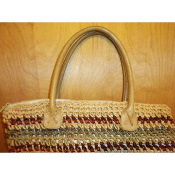 VINTAGE ETHNIC WOVEN STRAW SISAL JUTE LEATHER HANDLES BOHO TOTE BEACH BAG