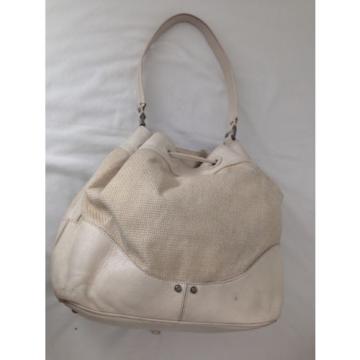 COLE HAAN Beige Leather/ Straw Burlap DRAWSTRING Tote Shoulder Bag Hobo