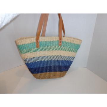 STRAW KENYA SISAL TOTE MARKET BAG BLUE ~ GREEN ~ NATURAL with LEATHER STRAPS