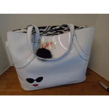 Lolita White Shiny Patent Beach Shopping Bag Sunglasses Lips Zebra Lined Purse