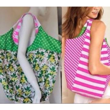 New~Victoria&#039;s secret Striped Pink Reversible Green white dots Tote Beach Bag