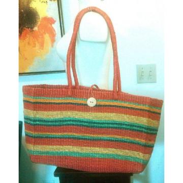 Vintage XL Heavy Duty Woven Straw Bag Beach Tote Market Bag Striped Wooden Bead