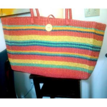 Vintage XL Heavy Duty Woven Straw Bag Beach Tote Market Bag Striped Wooden Bead