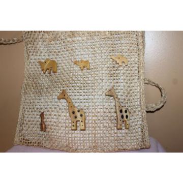 Woven Straw Tote Lined Wooden Elephants Giraffes Braided Straps Beach Bag A2