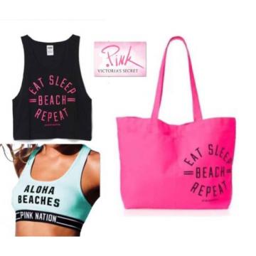 NWT Sz M 3Pz Victoria&#039;s Secret Tote Bag ,Bra,Tank Top Pink Black Eat Sleep Beach