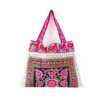 Handmade Beach Tote Bag with Hmong Embroidered Fabric Silk Worm Pattern Thailand