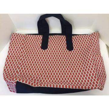 Ame &amp; Lulu XL Tote Bag Red and White Chain Print with Navy Beach Gym Travel Golf