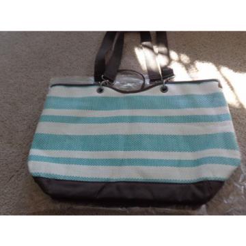 NEW Thirty One Canvas Crew LARGE Tote Turquoise Straw Stripe GREAT BEACH BAG