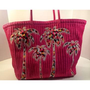 Vera Bradley Straw Tote Pixie Confetti Palm Trees Hot Pink Large Beach Bag NWOT