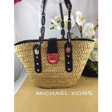 NWT Authentic MICHAEL KORS SANTORINI Large Straw Pool Beach Summer Bag NAVY BLUE