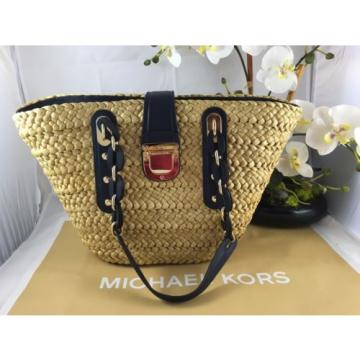 NWT Authentic MICHAEL KORS SANTORINI Large Straw Pool Beach Summer Bag NAVY BLUE