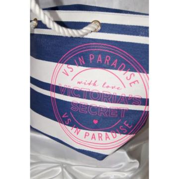 Victorias Secret Summer Beach Tote Blue &amp; White Striped Bag w/ Pink VS Decal NEW