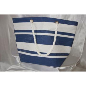 Victorias Secret Summer Beach Tote Blue &amp; White Striped Bag w/ Pink VS Decal NEW