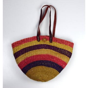 Vtg Leather Multi Color Straw Woven Basket Bucket Beach Shoulder Bag Purse Sack