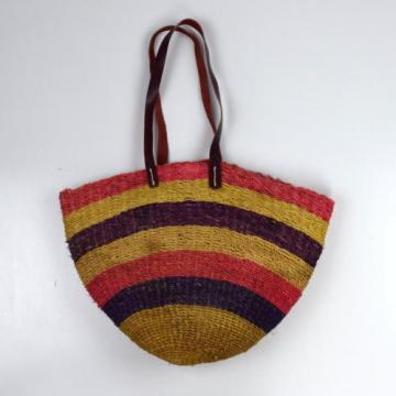 Vtg Leather Multi Color Straw Woven Basket Bucket Beach Shoulder Bag Purse Sack