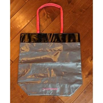 VICTORIA&#039;S SECRET Large Black White Pink Stripe Beach Tote Travel Bag NWOT