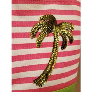 Quacker Factory Sequined  Palm Tree Pink White Green Stripe Tote Bag Beach