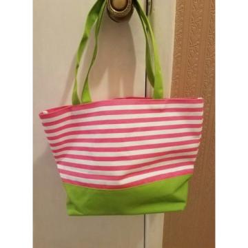 Quacker Factory Sequined  Palm Tree Pink White Green Stripe Tote Bag Beach