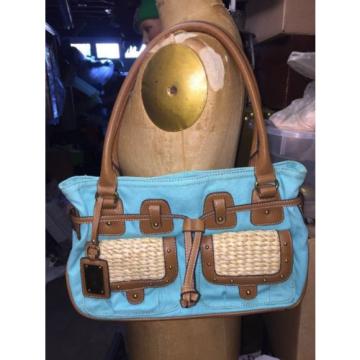 NINE WEST Shoulder Bag Handbag purse Tote Aqua Brown Corn Husk Pockets Beach!