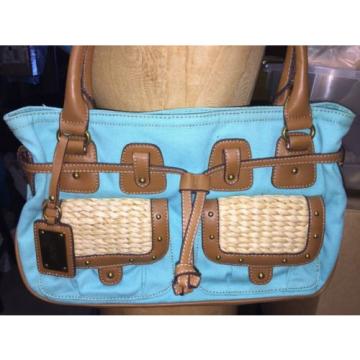 NINE WEST Shoulder Bag Handbag purse Tote Aqua Brown Corn Husk Pockets Beach!