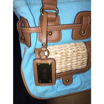 NINE WEST Shoulder Bag Handbag purse Tote Aqua Brown Corn Husk Pockets Beach!