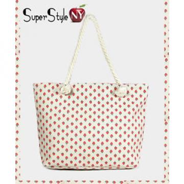 Strawberry Print Linen Canvas Fruit Tote Braided Rope Beachbag Fashion Bag