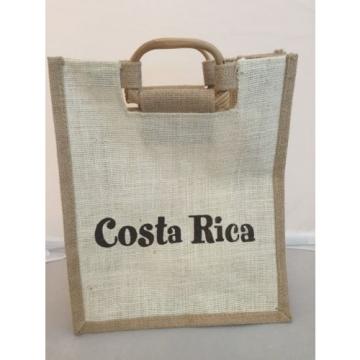 Costa Rica Beach Burlap Tote Bag Wooden Handle Shopper Souvenir EUC