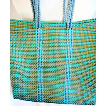 Woven Open Tote Carry-all Bag Handcrafted Turquoise Gold Travel Beach Office