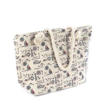 Handbag Beach Bag Tote nautical pattern ivory canvas designer rope straps