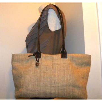 VINTAGE! H.L.H. Khaki/Brown Linen-Look &amp; Leather Summer/Handbag/Tote/Beachbag