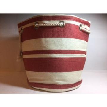 NEW! - BUCKET BAG - Red &amp; White Striped Drawstring Bucket Beach Bag Tote