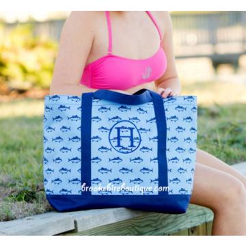 PERSONALIZED MONOGRAM DIAPER BEACH BAG MARKET TOTE: TUNA FIN WHALES &amp; SAIL BOAT